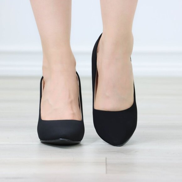 Classic Block High Heel Slip On Pointed Toe Pumps Black Nubuck - Picture 8 of 12